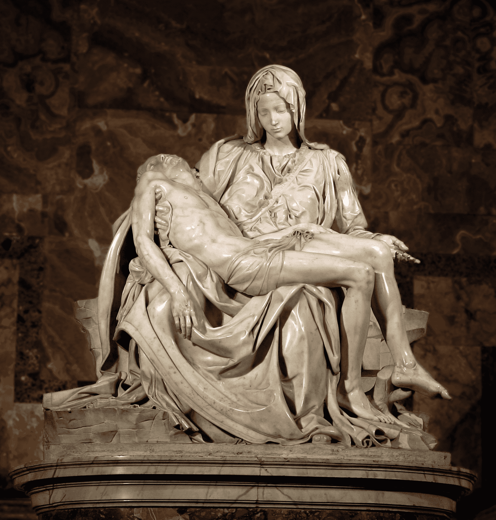 marble staue of the pieta by Michaelangelo